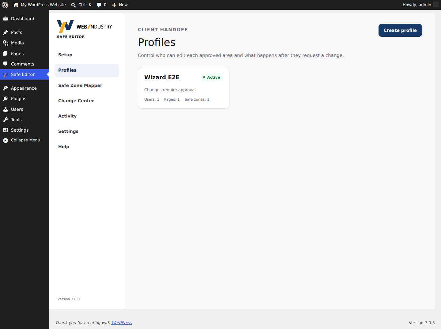 Safe Editor profile management screen